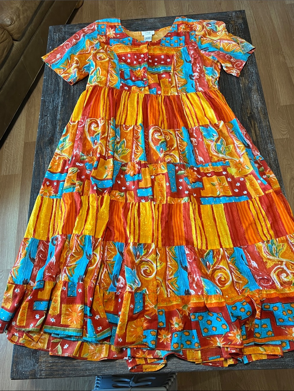 Vintage Vibrant Orange Patchwork Dress with Turquoise Accents
